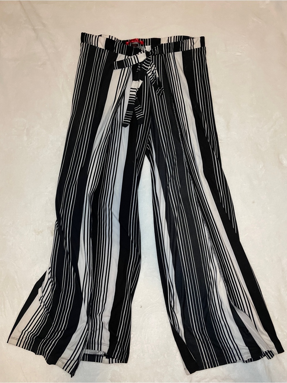 Hot Kiss Black & White Vertical Stripe Wide-Leg Pants with Tie Waist